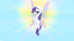 Size: 887x498 | Tagged: safe, screencap, rarity, pony, unicorn, g4, season 1, sonic rainboom (episode), animated, clothes, day, female, flying, glimmer wings, gossamer wings, sky, solo, sun, wahaha, weather factory uniform, wings