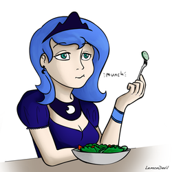 Size: 1280x1280 | Tagged: safe, artist:lemondevil, princess luna, human, g4, female, fork, humanized, s1 luna, salad, solo