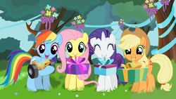 Size: 5331x2999 | Tagged: safe, artist:tgolyi, applejack, fluttershy, rainbow dash, rarity, earth pony, pegasus, pony, unicorn, g4, holding, holding a present, looking at you, mouth hold, present, vector, weight