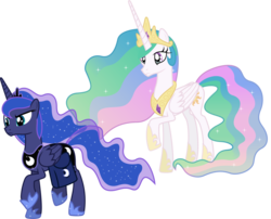 Size: 996x803 | Tagged: safe, princess celestia, princess luna, alicorn, pony, g4, duo, duo female, female, mare, raised hoof, saddle bag, simple background, sisters, transparent background