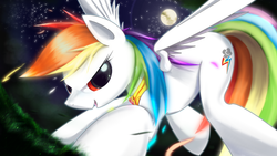 Size: 1920x1080 | Tagged: safe, artist:zymonasyh, rainbow dash, pegasus, pony, g4, elements of harmony, female, grass, mare, moon, solo, spread wings, stars, super rainbow dash, wallpaper, wingding eyes, wings