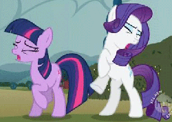 Size: 380x270 | Tagged: safe, edit, edited screencap, screencap, rarity, twilight sparkle, pony, g4, season 2, the return of harmony, animated, cropped, duo, earth pony rarity, earth pony twilight, eyes closed, female, hoofy-kicks, hub logo, mare, missing horn, open mouth, rearing, trotting, trotting in place