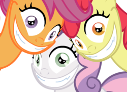 Size: 550x400 | Tagged: safe, apple bloom, scootaloo, sweetie belle, earth pony, pony, g4, adoracreepy, cheshire grin, creepy, cute, cutie mark crusaders, nightmare fuel, rapeface, simple background, transparent background, trio