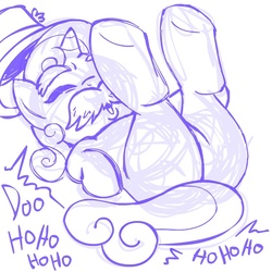 Size: 945x945 | Tagged: safe, artist:megasweet, sweetie belle, g4, butt, disguise, hat, laughing, monochrome, moustache, plot, top hat