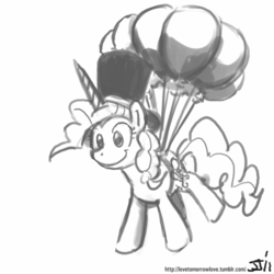 Size: 800x800 | Tagged: safe, artist:johnjoseco, pinkie pie, pony, unicorn, g4, balloon, grayscale, hat, monochrome, then watch her balloons lift her up to the sky, top hat
