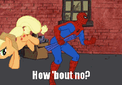 Size: 475x333 | Tagged: safe, applejack, earth pony, pony, g4, 60s spider-man, animated, bucking, butt kicking, duo, kicking, male, meme, reaction image, spider-man