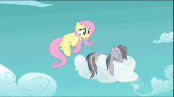 Size: 640x360 | Tagged: safe, edit, edited screencap, screencap, fluttershy, rainbow dash, pegasus, pony, g4, season 2, the return of harmony, animated, behaving like a cat, bump, butt touch, cloud, duo, female, flying, gif, hoof on butt, hooves, hub logo, lying on a cloud, mare, on a cloud, rainbow ditch, sleeping, sleeping on a cloud, spread wings, text, traitor dash, wings