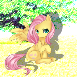 Size: 1000x1000 | Tagged: safe, artist:shlebby, fluttershy, pegasus, pony, g4, female, looking at you, mare, raised hoof, sitting, solo, spread wings, turned head, wings