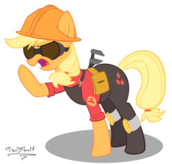 Size: 1024x979 | Tagged: safe, artist:twistbolt, applejack, earth pony, pony, g4, crossover, engineer, engineer (tf2), female, raised hoof, solo, team fortress 2