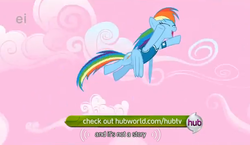 Size: 612x356 | Tagged: safe, screencap, rainbow dash, g4, winter wrap up, ei, hub logo, hubble, hubworld.com, the hub, youtube caption