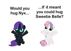 Size: 1310x938 | Tagged: safe, sweetie belle, oc, oc:nyx, fanfic:past sins, g4, bronybait, hug, meta, text