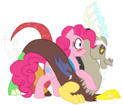 Size: 900x765 | Tagged: safe, artist:bux, discord, pinkie pie, draconequus, earth pony, pony, g4, blushing, female, male, mare, ship:discopie, shipping, simple background, straight, transparent background