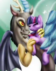 Size: 900x1140 | Tagged: safe, artist:zedrin, discord, twilight sparkle, g4, female, interspecies, male, ship:discolight, shipping, straight