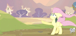 Size: 500x240 | Tagged: safe, screencap, fluttershy, bird, duck, pony, rabbit, g4, hurricane fluttershy, animated, female, leaves, wind, wind blowing, windswept mane