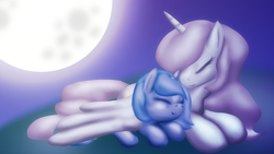 Size: 1920x1080 | Tagged: safe, artist:zedrin, princess celestia, princess luna, pony, g4, cute, eyes closed, female, filly, moon, sisters, woona