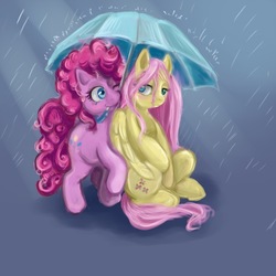 Size: 604x604 | Tagged: safe, artist:sunshine, fluttershy, pinkie pie, earth pony, pegasus, pony, g4, female, folded wings, lesbian, looking at each other, mare, mouth hold, rain, ship:flutterpie, shipping, sitting, umbrella, wings