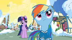 Size: 638x360 | Tagged: safe, edit, edited screencap, screencap, rainbow dash, twilight sparkle, pony, unicorn, g4, winter wrap up, caption, ei, female, hub logo, implied murder, mare, youtube caption