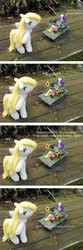 Size: 792x2376 | Tagged: safe, artist:eratosofcyrene, derpy hooves, fluttershy, rarity, pegasus, pony, g4, 4 panel comic, comic, female, flower, irl, mare, outdoors, photo, plushie, tank (vehicle), toy, toy comic