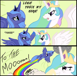 Size: 679x675 | Tagged: safe, artist:neonsupertails, princess celestia, princess luna, alicorn, pony, g4, exploitable meme, giggling, grab my meme, hoof over mouth, looking left, meme, moon, rainbow, royal sisters, s1 luna, siblings, sisters, to the moon, touch, trollestia