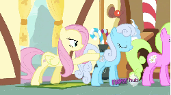 Size: 973x547 | Tagged: safe, screencap, daisy, flower wishes, fluttershy, linky, shoeshine, earth pony, pegasus, pony, g4, putting your hoof down, animated, butt touch, female, hoof on butt, hub logo, karma, maybes are for babies, spinning