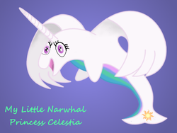 Size: 1000x750 | Tagged: dead source, safe, artist:toastiestzombie, princess celestia, narwhal, g4, open mouth, smiling, solo, species swap, spread wings, wings