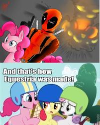 Size: 1280x1594 | Tagged: safe, apple bloom, pinkie pie, sweetie belle, g4, crossover, deadpool, marvel
