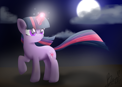 Size: 900x643 | Tagged: safe, artist:maplesunrise, twilight sparkle, pony, unicorn, g4, female, glowing horn, horn, mare, moon, night, smiling, solo, unicorn twilight