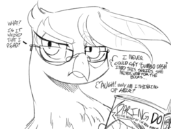 Size: 800x600 | Tagged: dead source, safe, artist:sunibee, daring do, gilda, rainbow dash, griffon, g4, black and white, book, bust, dialogue, glasses, grayscale, lineart, monochrome, portrait, reading, thought bubble