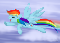Size: 900x643 | Tagged: safe, artist:maplesunrise, rainbow dash, pegasus, pony, g4, cloud, eyes closed, female, flying, mare, open mouth, smiling, solo
