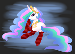 Size: 900x643 | Tagged: dead source, safe, artist:maplesunrise, princess celestia, pony, g4, butt, clothes, female, plot, socks, solo, striped socks