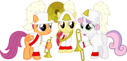 Size: 6225x3000 | Tagged: safe, artist:supermatt314, apple bloom, scootaloo, sweetie belle, g4, bugle, clothes, cutie mark crusaders, marching band uniform, musical instrument, simple background, sousaphone, transparent background, trombone, uniform, vector