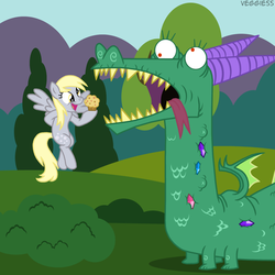 Size: 1274x1274 | Tagged: dead source, safe, artist:veggie55, crackle, derpy hooves, dragon, pegasus, pony, g4, female, mare