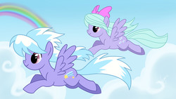 Size: 6001x3376 | Tagged: safe, artist:veganya, cloudchaser, flitter, pegasus, pony, g4, cloud, duo, duo female, female, flying, looking forward, mare, rainbow, sky, spread wings, windswept mane, wings