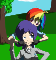 Size: 922x1000 | Tagged: safe, artist:junker-kun, rainbow dash, rarity, human, g4, humanized