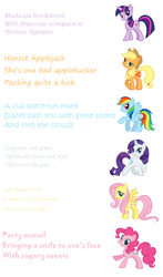 Size: 750x1275 | Tagged: safe, applejack, fluttershy, pinkie pie, rainbow dash, rarity, twilight sparkle, g4, cardboard twilight, haiku, mane six, poetry, stock vector