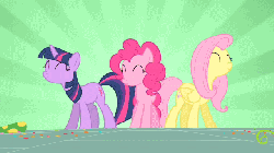 Size: 640x360 | Tagged: safe, screencap, fluttershy, pinkie pie, twilight sparkle, earth pony, pegasus, pony, unicorn, g4, party of one, season 1, ^^, animated, butt bump, butt smash, butt to butt, butt touch, cute, dancing, diapinkes, earth pony strength, eyes closed, female, gif, hoofy-kicks, mare, open mouth, shyabetes, smiling, trio, twiabetes, unicorn twilight