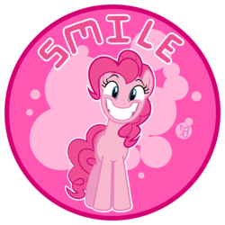 Size: 735x735 | Tagged: safe, artist:zobe, pinkie pie, earth pony, pony, g4, abstract background, female, grin, looking at you, mare, round, smiling, solo, standing