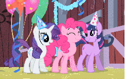 Size: 914x582 | Tagged: safe, screencap, pinkie pie, rarity, twilight sparkle, earth pony, pony, unicorn, g4, party of one, season 1, animated, confetti, dancing, eyes closed, female, gif, hat, party, party hat, streamers, unicorn twilight