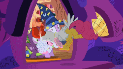 Size: 720x405 | Tagged: safe, screencap, pinkie pie, spike, twilight sparkle, g4, luna eclipsed, season 2, animal costume, animated, chicken pie, chicken suit, clothes, cosplay, costume, dragon costume, dragonception, nightmare night costume, star swirl the bearded costume, twilight the bearded