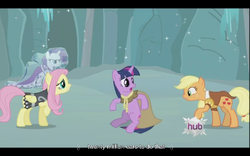 Size: 640x400 | Tagged: safe, screencap, applejack, clover the clever, fluttershy, princess platinum, private pansy, rarity, smart cookie, twilight sparkle, g4, hearth's warming eve (episode), hatless, hearth's warming eve, hub logo, missing accessory, youtube caption