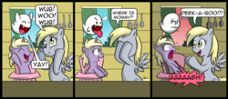 Size: 900x394 | Tagged: safe, artist:madmax, artist:pacce, derpy hooves, dinky hooves, ghost, pegasus, pony, unicorn, g4, boo (super mario), comic, covering eyes, crossover, dialogue, female, filly, male, mare, mario, peekaboo, scared, super mario bros., underp