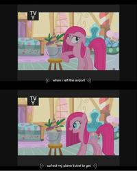 Size: 640x800 | Tagged: safe, screencap, mr. turnip, pinkie pie, earth pony, pony, g4, party of one, pinkamena diane pie, straight mane, turnip, tv rating, youtube caption