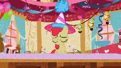 Size: 640x360 | Tagged: safe, screencap, apple bloom, pinkie pie, earth pony, pony, g4, season 2, the cutie pox, animated, confetti, duo, eyes closed, female, filly, foal, hat, mare, party, party hat, sad, streamers, sugarcube corner