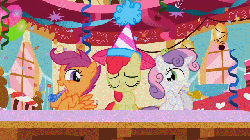 Size: 640x360 | Tagged: safe, screencap, apple bloom, pinkie pie, scootaloo, sweetie belle, g4, season 2, the cutie pox, animated, confetti, cutie mark crusaders, female, filly, hat, mare, noisemaker, party, party hat, puffy cheeks, sad, streamers, sugarcube corner