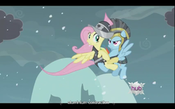 Size: 640x400 | Tagged: safe, screencap, commander hurricane, fluttershy, private pansy, rainbow dash, g4, hearth's warming eve (episode), hearth's warming eve, hub logo, youtube caption