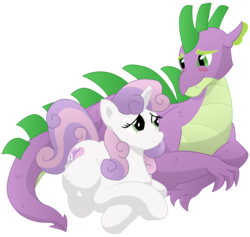 Size: 11400x10800 | Tagged: safe, artist:xniclord789x, spike, sweetie belle, g4, absurd resolution, adult, adult spike, blushing, female, kicking, male, older, older spike, ponies breeding dragons, preggy belle, pregnant, pregnant sweetie belle, prone, ship:spikebelle, shipping, simple background, smiling, straight, transparent background