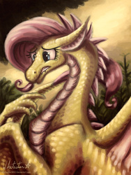 Size: 900x1200 | Tagged: safe, artist:whitestar1802, fluttershy, dragon, g4, dragoness, dragonified, female, flutterdragon, solo, species swap