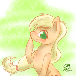 Size: 1500x1500 | Tagged: dead source, safe, artist:xcopyen002, applejack, earth pony, pony, g4, female, raised hoof, sitting, solo