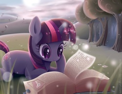 Size: 825x638 | Tagged: safe, artist:misteelala, pinkie pie, twilight sparkle, insect, pony, unicorn, g4, book, cloud, female, forest, grass, magic, mare, prone, smiling, solo, sun, that pony sure does love books, tree, unicorn twilight