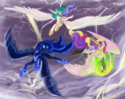 Size: 3299x2610 | Tagged: safe, artist:bigbuxart, nightmare moon, princess celestia, princess luna, queen chrysalis, alicorn, changeling, changeling queen, pony, g4, disguise, disguised changeling, fake cadance, female, fight, high res, lightning